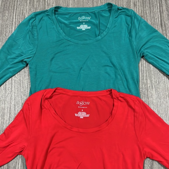 A:glow Maternity Size Small Set of 2 Teal and Red Long Sleeve Rouched Tunic Tops - Picture 2 of 5